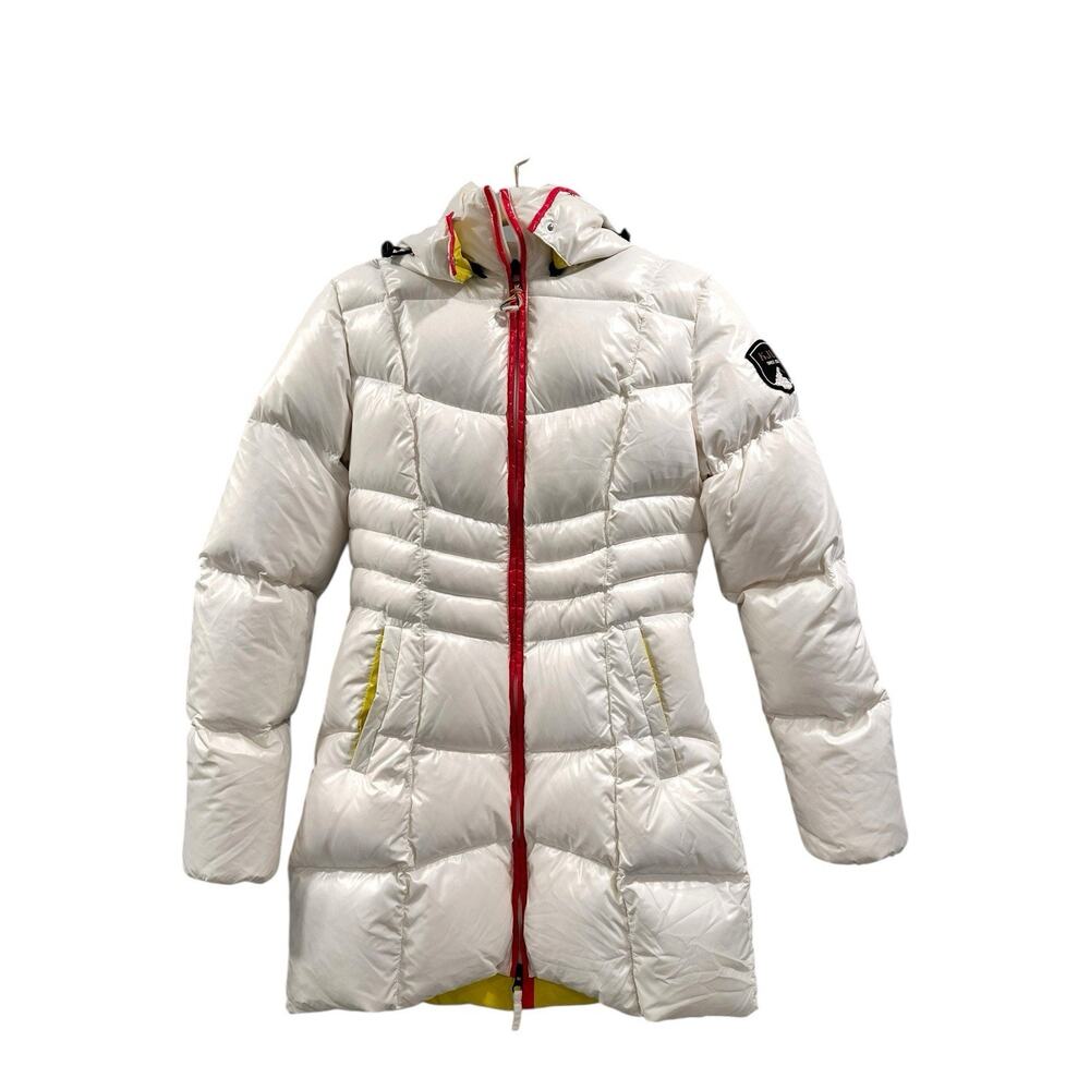 KJUS Women Goose Down Puffer Jacket Ski White Pink & Green Accents Sz S Outdoors